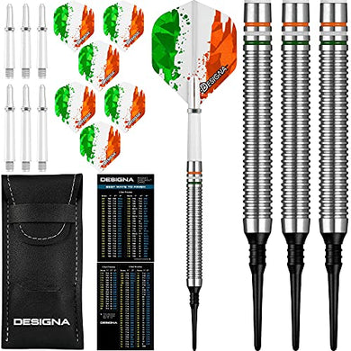 20g 90% Tungsten Flag of Ireland Fighting Irish Patriot X Soft Tip Dart Set, Flights & Shafts Included (2 Sets Each), w/Travel Case, 20 Grams