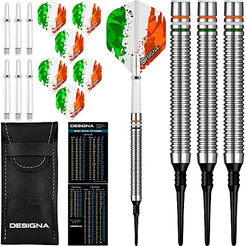 20g 90% Tungsten Flag of Ireland Fighting Irish Patriot X Soft Tip Dart Set, Flights & Shafts Included (2 Sets Each), w/Travel Case, 20 Grams