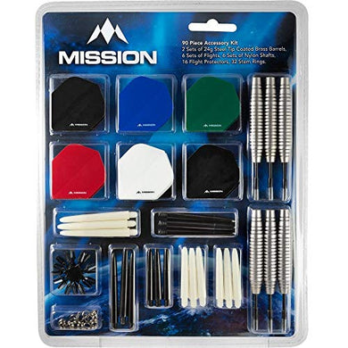 Designa Mission 90pc Steel Tip Dart Set Accessory Kit, 24g Barrels (2 Sets), Flights & Shafts (6 Sets Each), Flight Protectors (16) & Stem Rings (32)