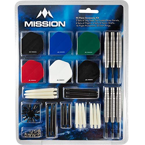 Designa Mission 90pc Steel Tip Dart Set Accessory Kit, 24g Barrels (2 Sets), Flights & Shafts (6 Sets Each), Flight Protectors (16) & Stem Rings (32)