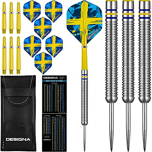 22g 90% Tungsten Flag of Sweden Patriot X Steel Tip Dart Set, Flights & Shafts Included (2 Sets Each), w/Travel Case, 22 Grams